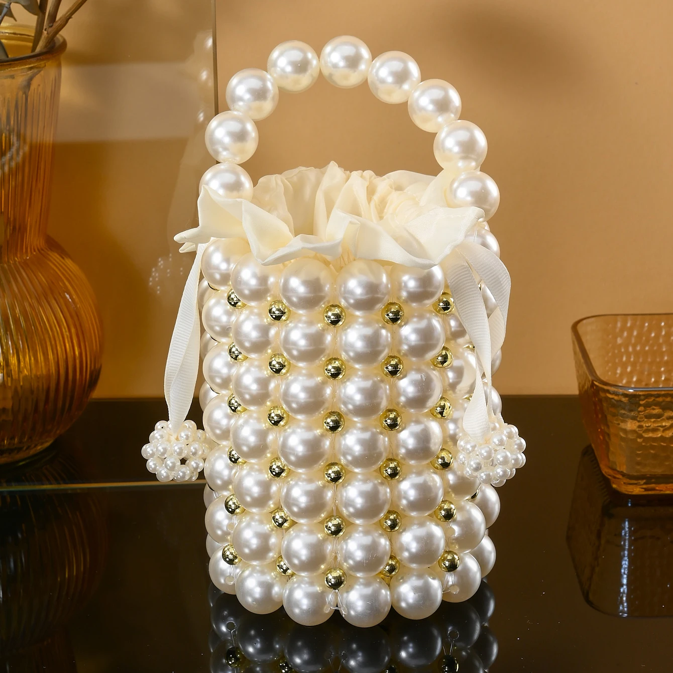 Women\'s Luxury Pearl Handbag Elegant Handmade Pearl Bucket Bag Detachable pearl chain shoulder Bag Dinner Party Evening Gown Bag