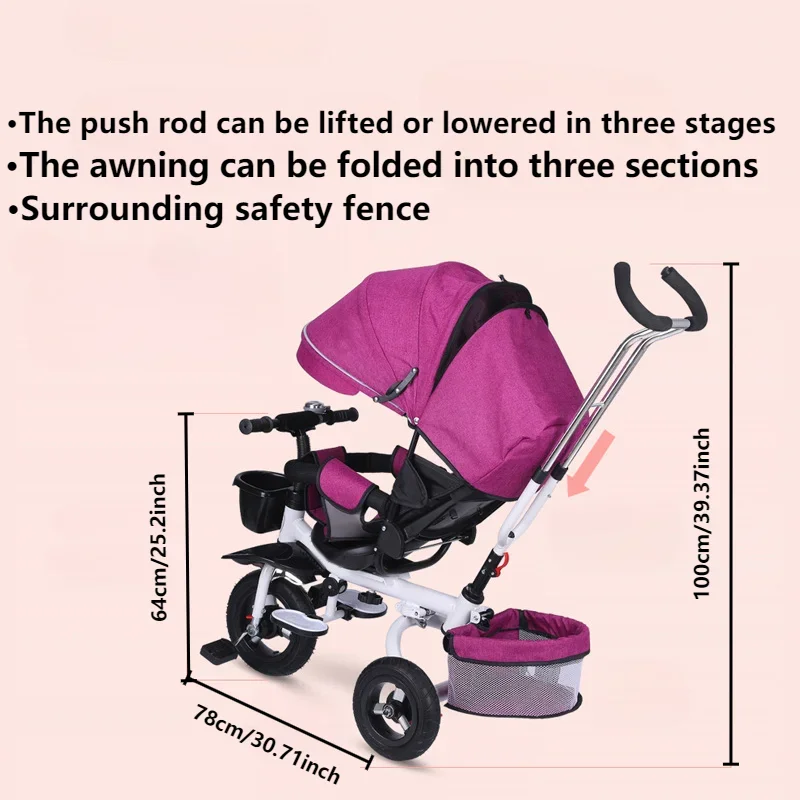 4 in 1 Kids Trike Sit & Lying Folding Toddler Stroller with Large Canopy Dual Brake 3-Gear Adjustable Backrest Portable Tricycle