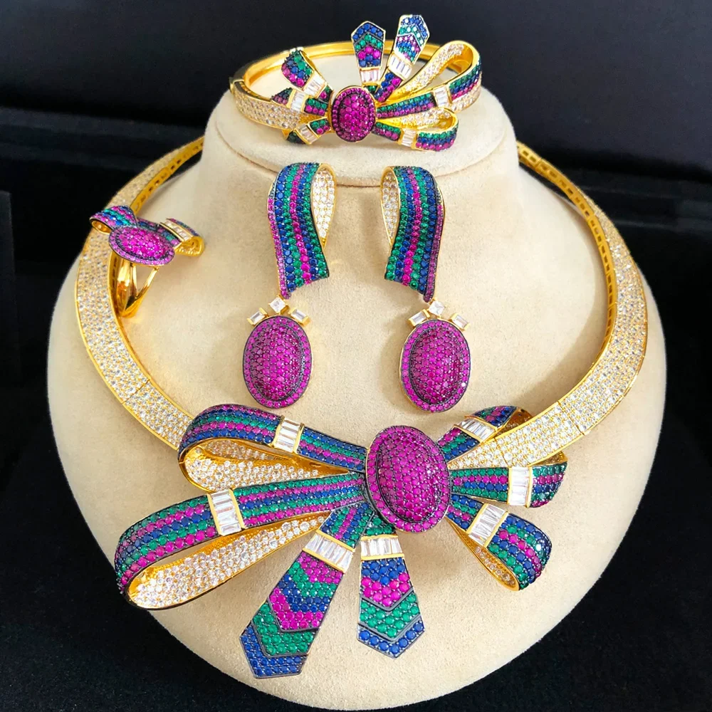 

Soramoore Luxury Trend Bow Knot African Jewelry Sets Necklace Earrings Bangle Ring Set For Women Wedding Jewelry Trendy HOT New