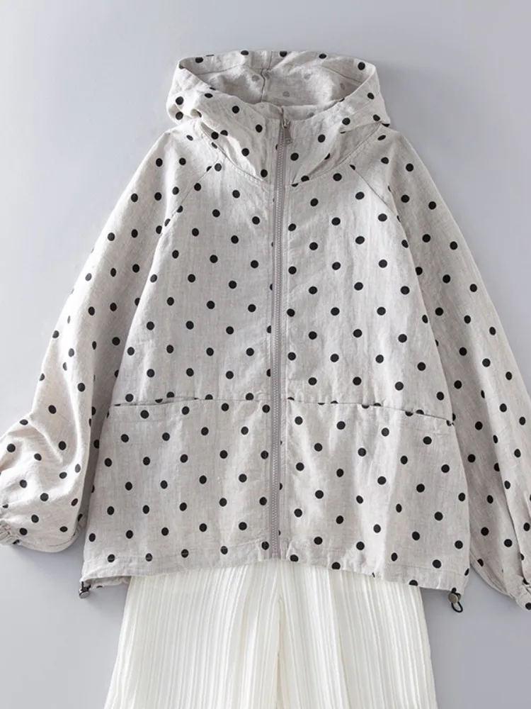 

Японская женская толстовка большого размера на молнии Lazy Sle из хлопка и льна в горошек, весенняя верхняя одежда Long Sve