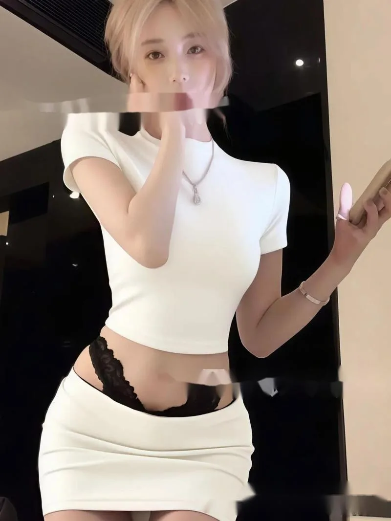

2025 New Short Ice Silk T-Shirt Top Sexy Hot Girl Set Summer Bodycon Skirt Solid Color Skirt Sets Elegant Pure Desire Fiery IHDN