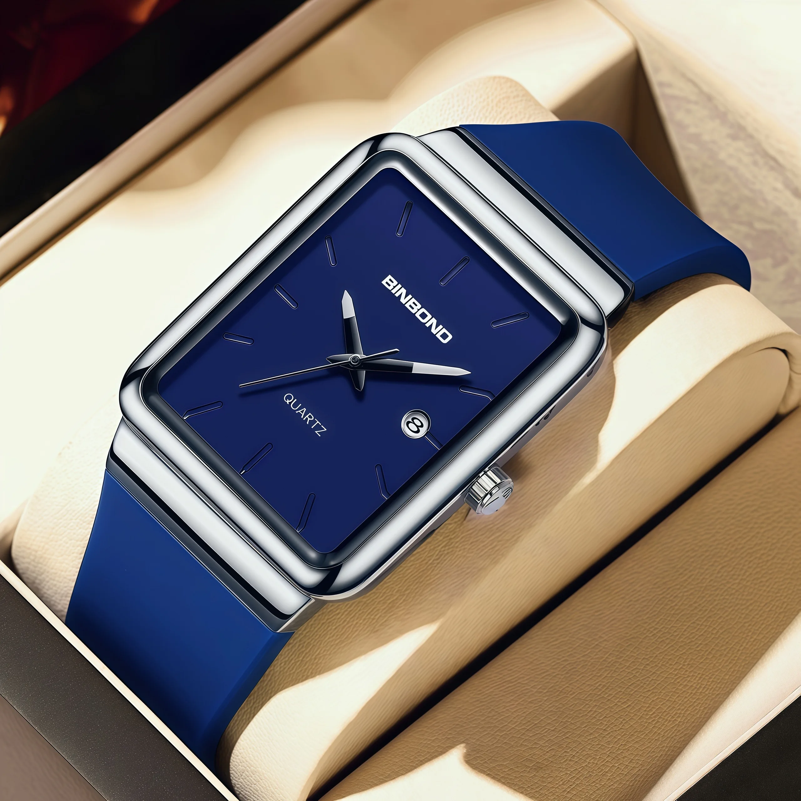 

BINBOND Business Casual Brand Men's Quartz Watch Blue Rubber Strap Calendar Display 30m Waterproof Watch Holiday Birthday Gift