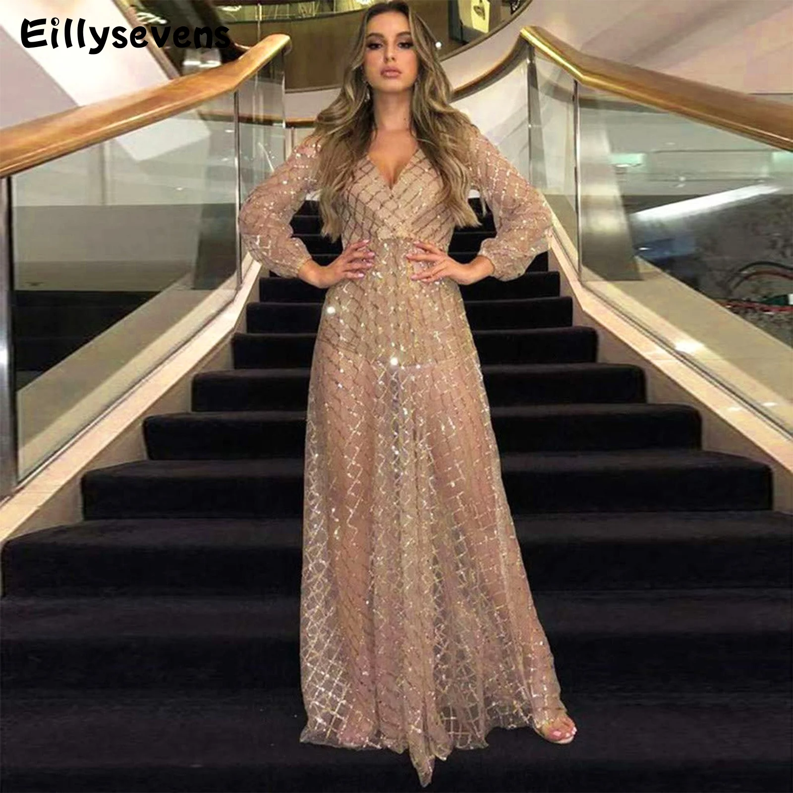 Elegant Women's Long Dresses Long Sleeve V-Neck Floor-Length Gown 2023 Sequined Prom Women A LINE Evening Dress Elbise Kadin