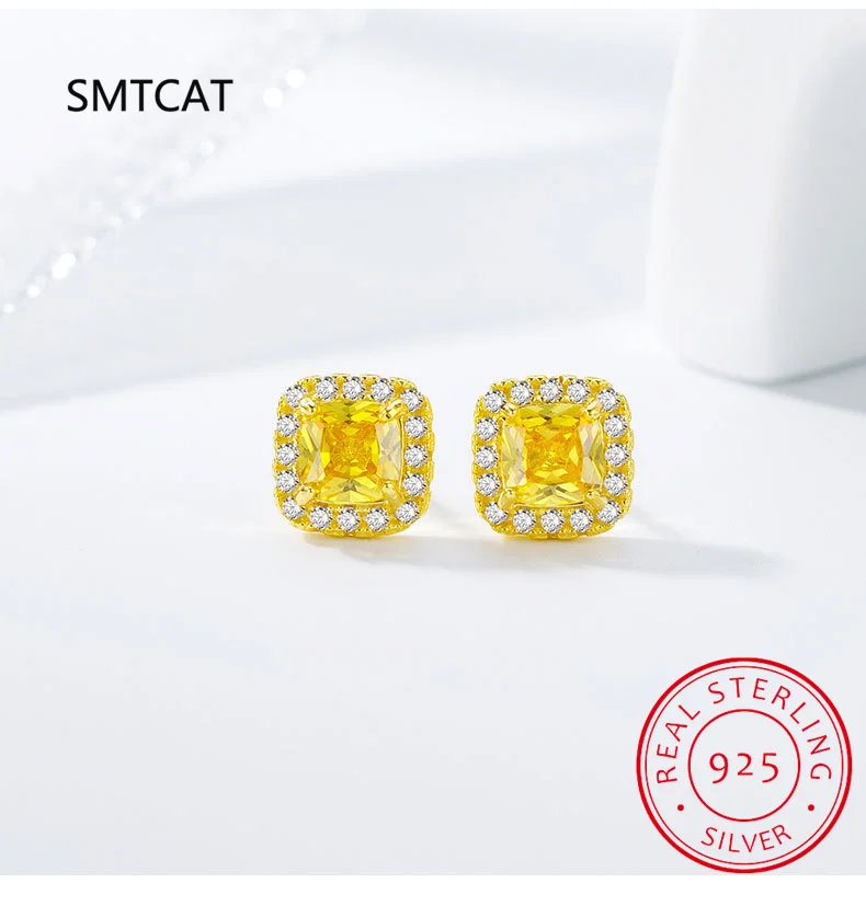 Princess Cut Natural Yellow Citrine 925 Sterling Silver Square Stud Earrings for Women Statement Fashion Gemstone Jewelry Gift