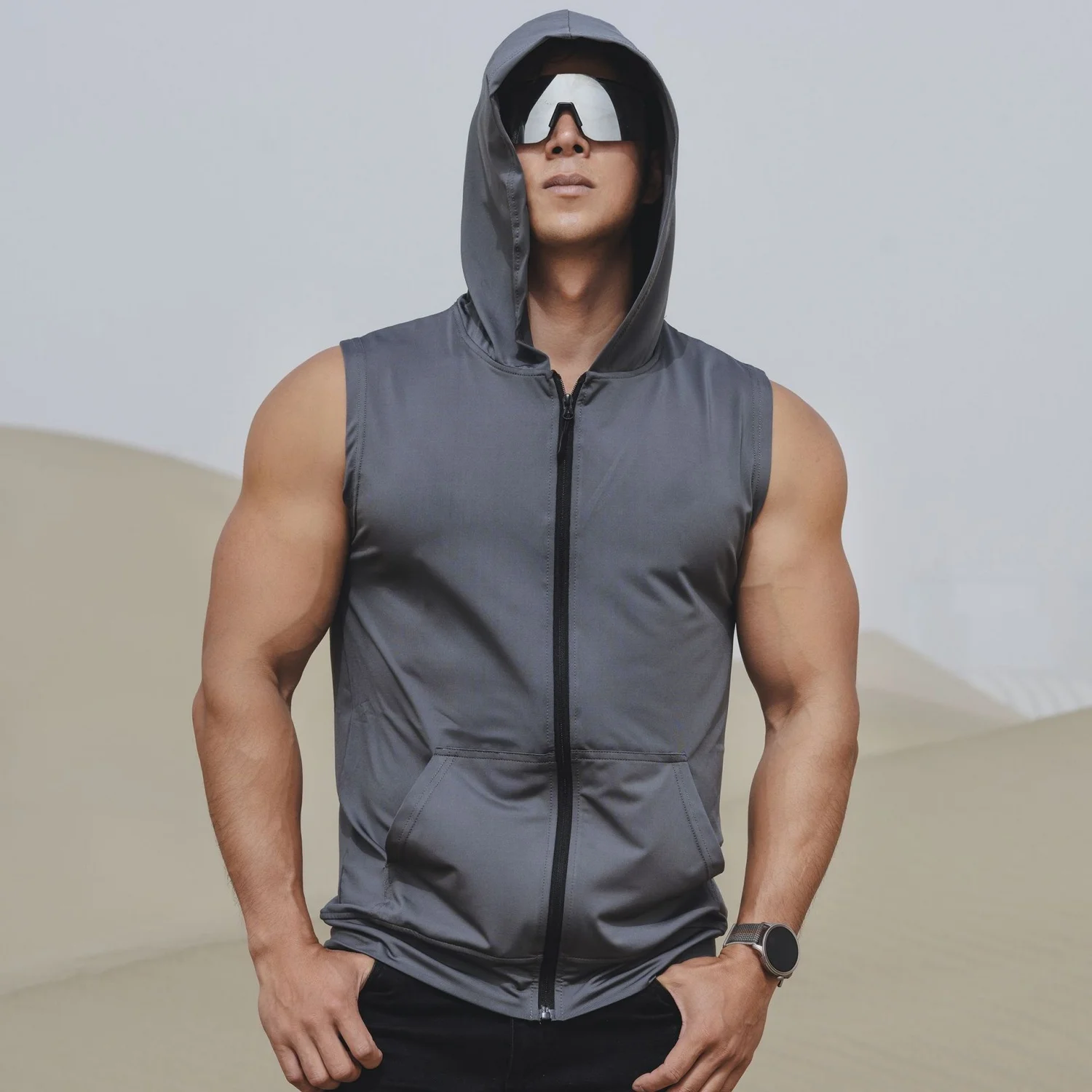 Summer Sports Vests, Men's Sleeveless Hooded Zip-up Jackets, Vests, Training, Cycling, Running, Quick-drying Waistcoats, Fitness