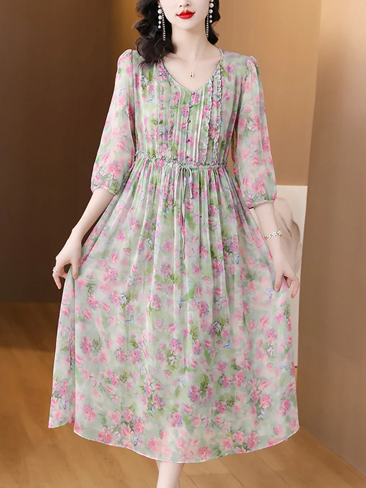 Women Silk Floral Ruffled Casual Loose Waist Midi Dress Summer Fashion Elegant Party Vestidos 2024 Korean Chic Birthday Dresses