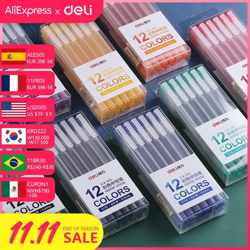 Deli 12Pcs/Set Gel Pen School Pens Set Pen 0.5MM Color Ink Stationery Student SuppliesWater-based Pen Writing Painting Tools