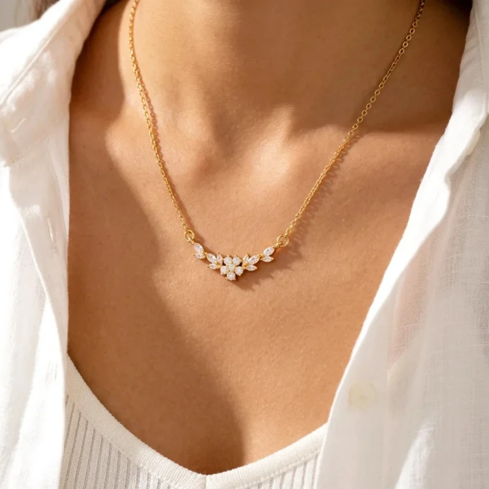 Dainty Marquise CZ Floral Leaf Smile Bar Pendant Stainless Steel Waterproof Necklace for Women Sparkling Choker Chains Jewelry