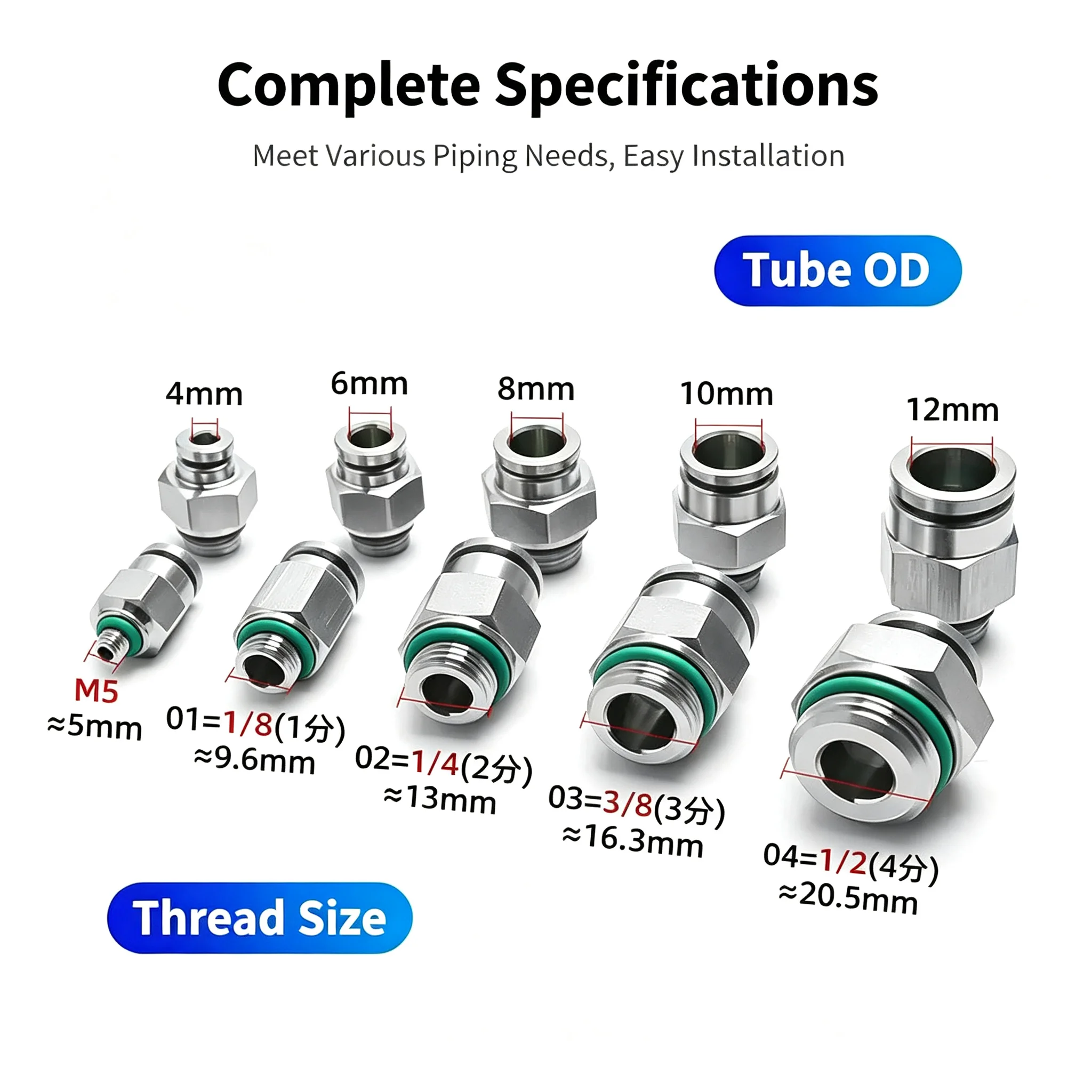 304 Stainless Steel G-Thread PC Connector Air Hose Fitting G1/8 1/4 3/8 1/2 Male Thread Pipe Joint 8mm Pneumatic Quick Cooupling