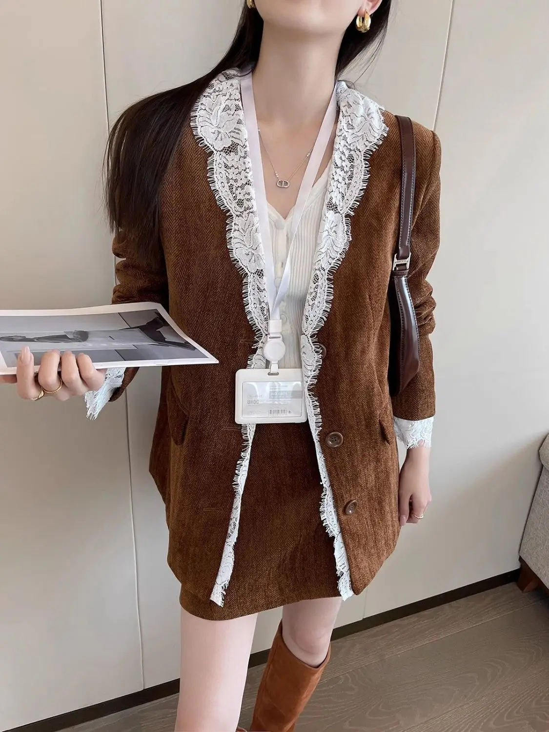 Women Spring Autumn New Suit Coat Lace Splicing Suit Style Casual Loose Coat Top