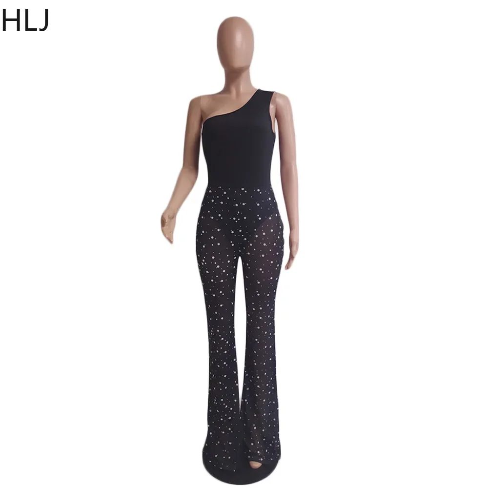 HLJ Black Sexy Mesh See Though Pants Two Piece Sets Fashion One Shoulder Sleeveless Bodysuits And Pants Outfits Fashion Clubwear