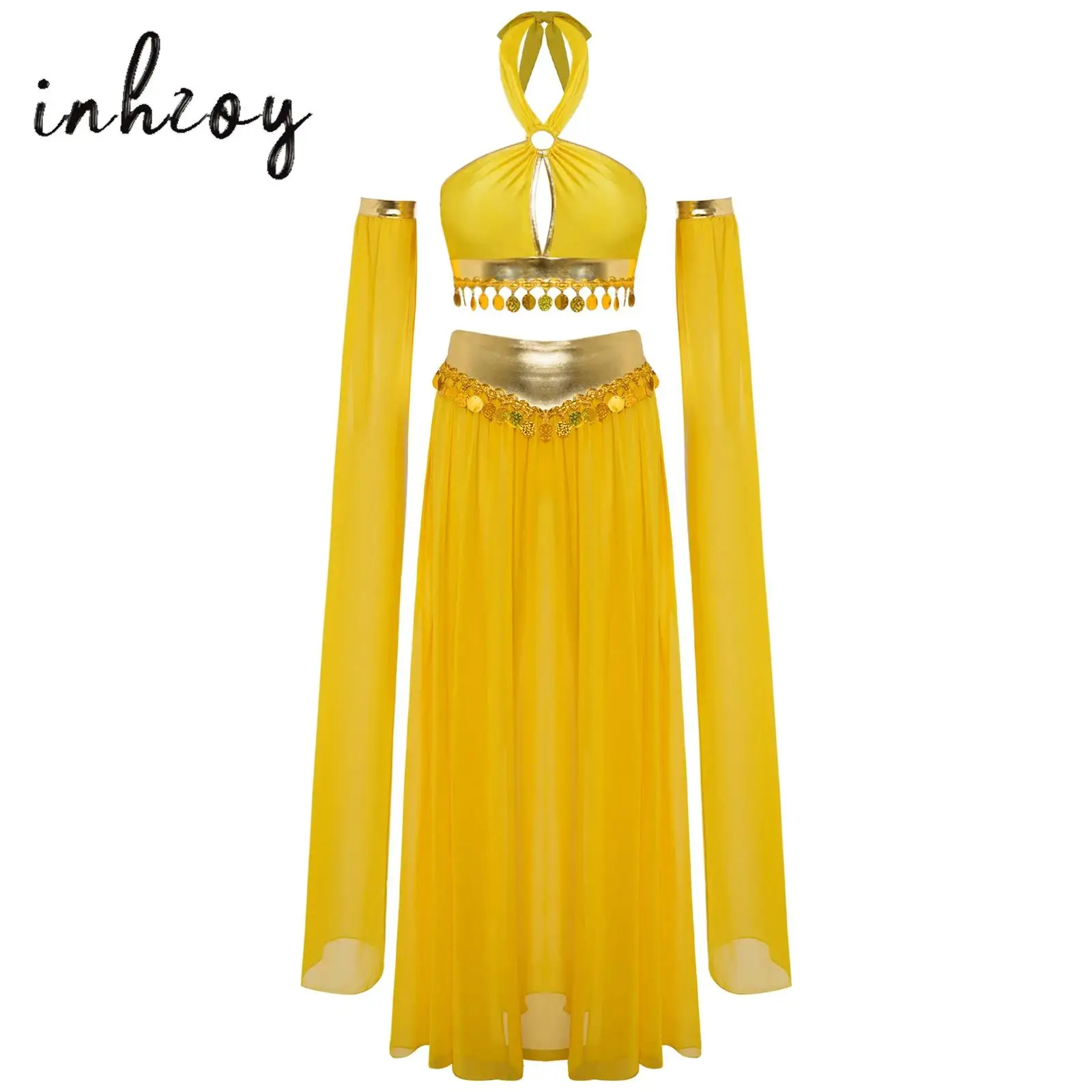 

Women Belly Dance Performance Costume Crop Top with Built-In Briefs Side Slit Chiffon Skirt And 1 Pair Removable Split Sleeves