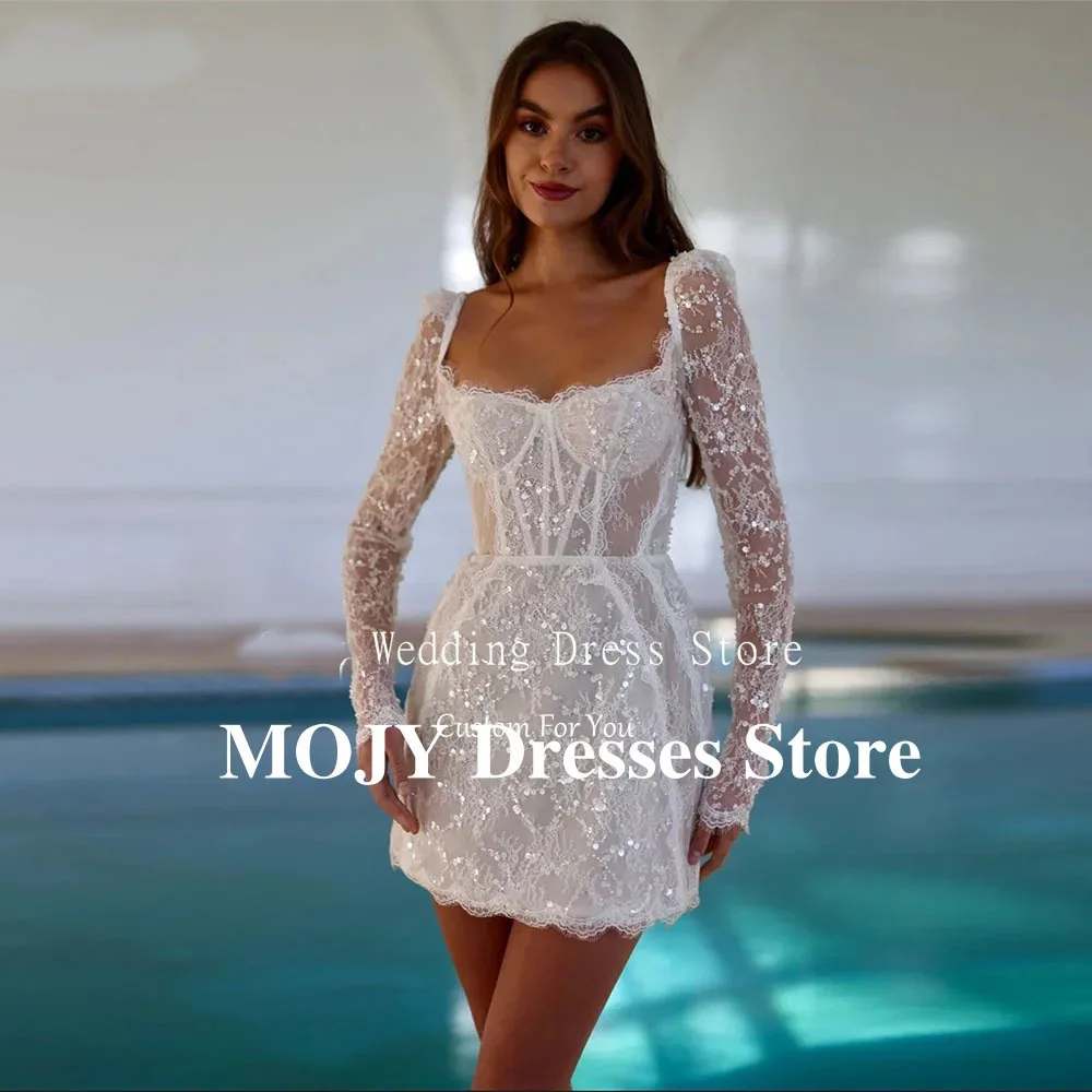 Mojy современное блестящее свадебное платье с блестками и длинными рукавами, сексуальное короткое платье Vestidos De Novia Boda Robe De Mariée 2025 по индивидуальному заказу