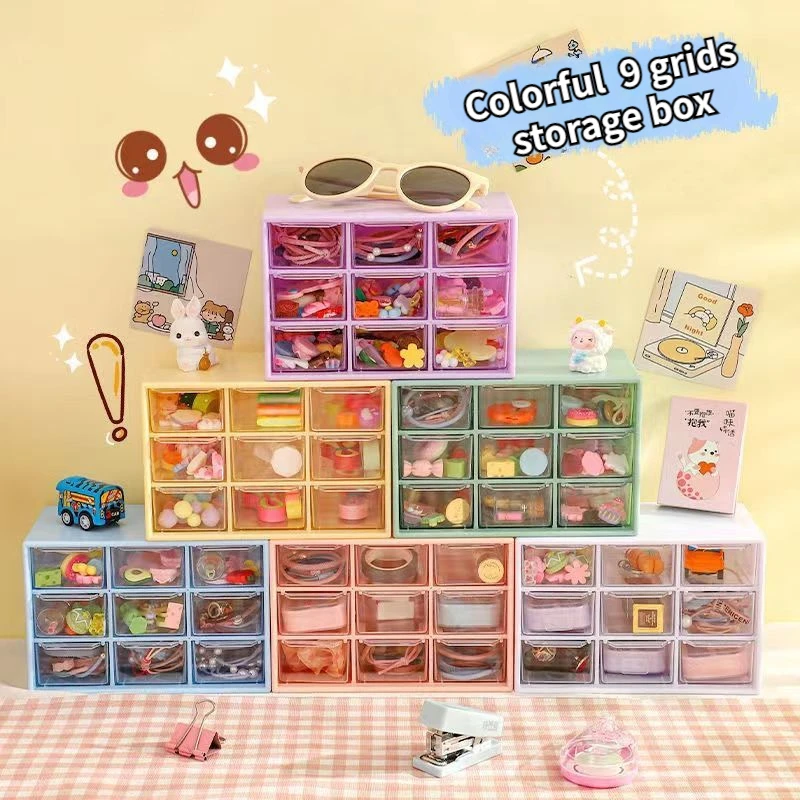 Kawaii Color Desktop Drawer 9 Grids Multi-functional Storage Box Organizer Ins Cute Girl Jewelry Sundries Desk Organizer Boxes