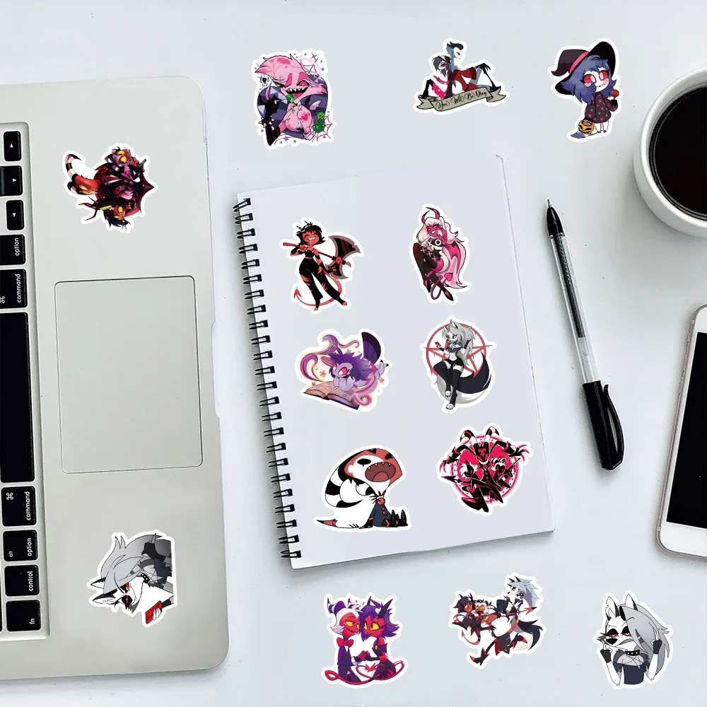 50 листов острых наклеек в стиле аниме Helluva Boss-наклейки с героями мультфильмов для мотоциклетных шлемов и музыкального фестиваля «сделай сам»
