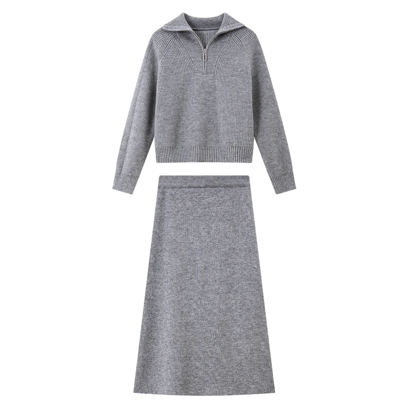 VIMLY Women's Two Pieces Set 2025 Winter Lapel Collar Long Sleeve Top Straight Skirt Two-piece Set Knitting Woman Clothes 75199