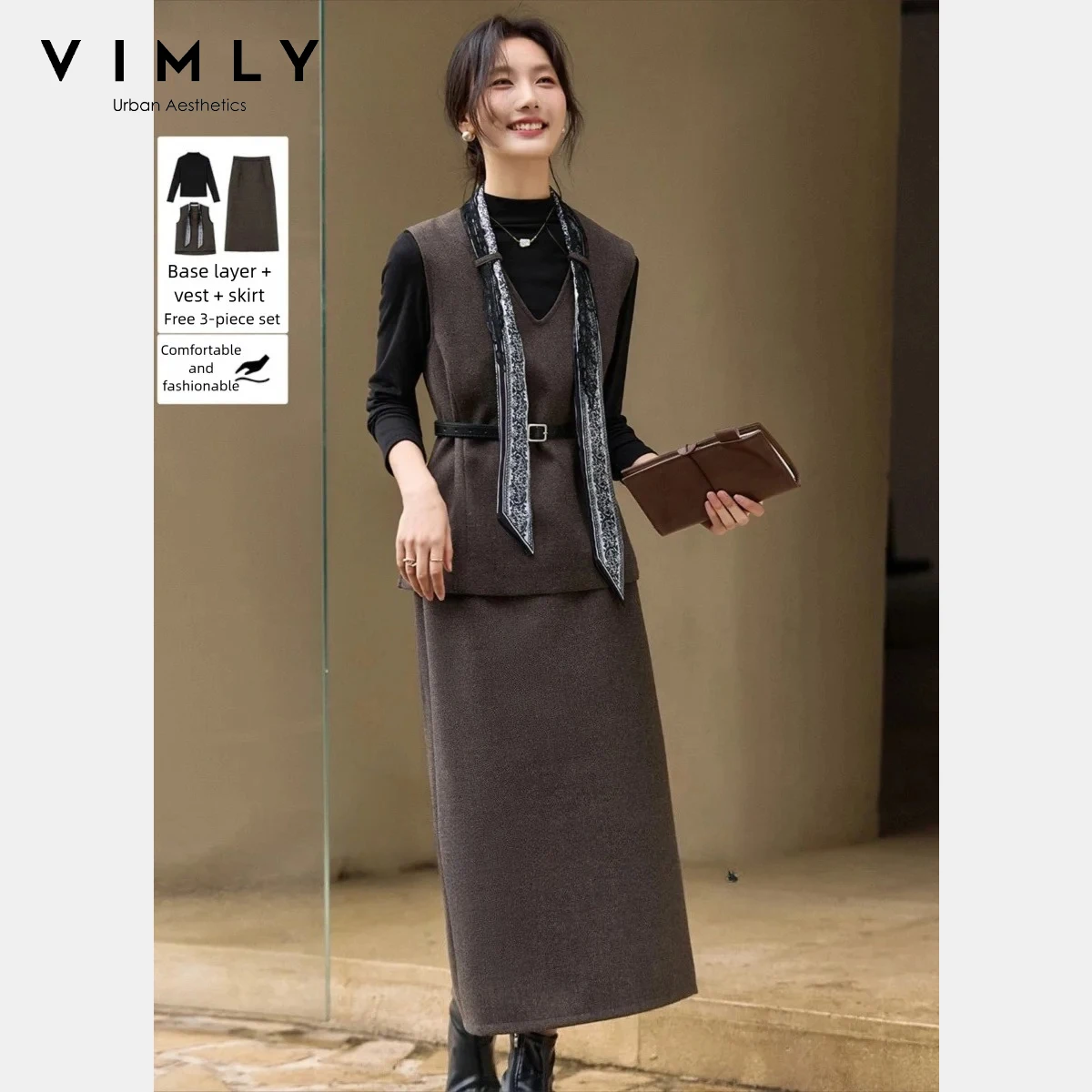 VIMLY ensemble de costume pour femmes déplacements hiver 2025 couche de Base solide col en V gilet jupes longues décontracté dames vêtements 3 pièces ensembles 30528