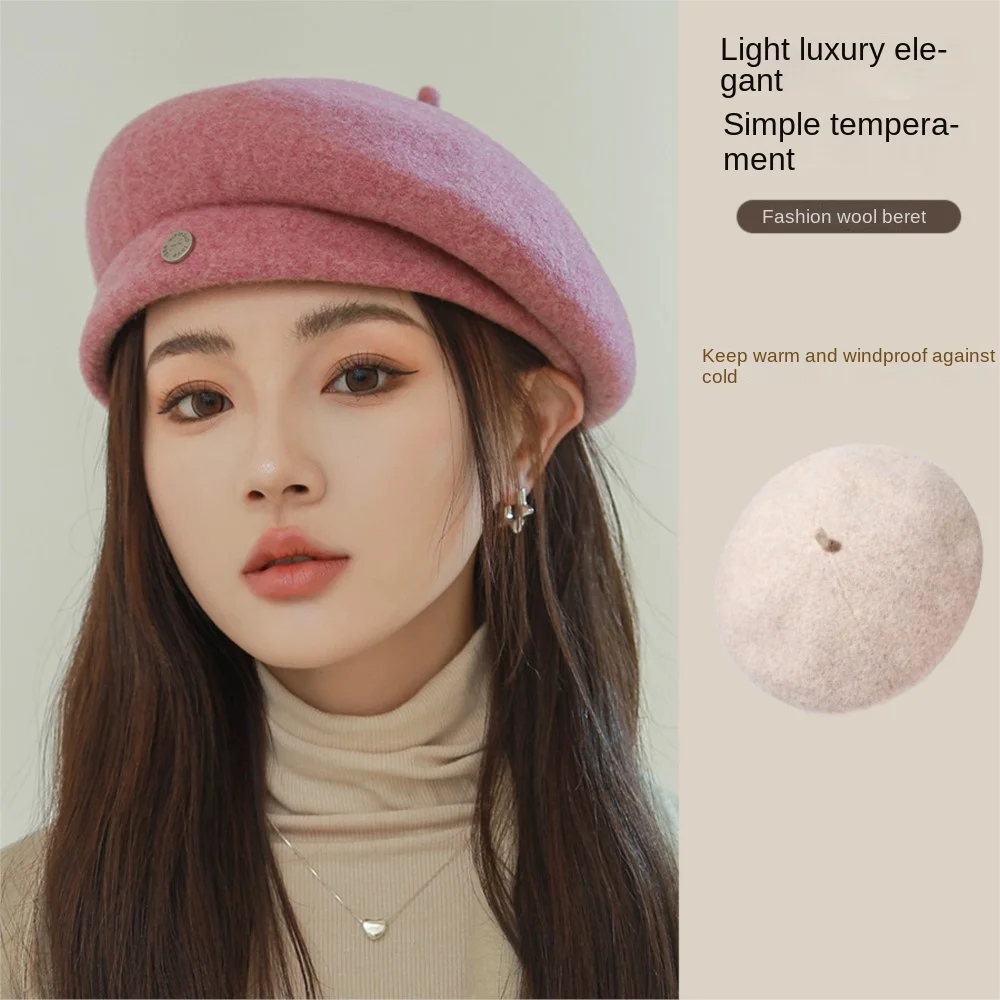 Beret Hat Women Autumn Winter Light Luxury Wool Blend Show Face Small Fashion Painter Hats England Retro Bud Cap