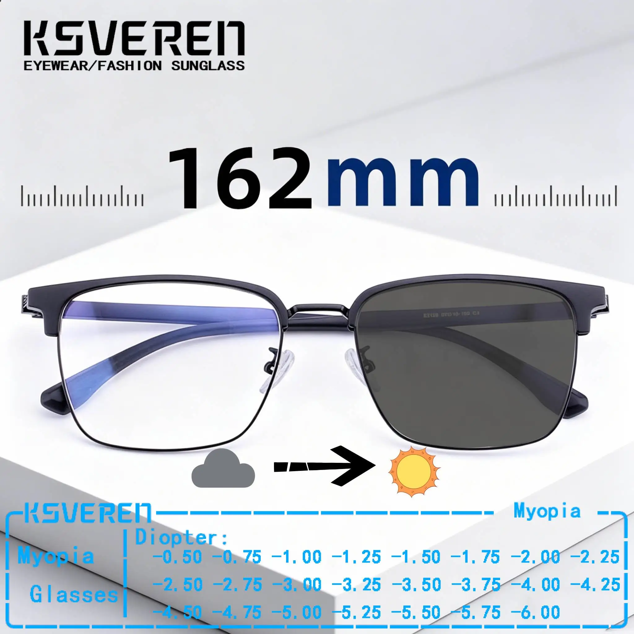 

162mm Extra Large Size Half Frame Photochromic Myopia Glasses Wide Face Men Prescription Discolor Eyeglasses Negative Diopter