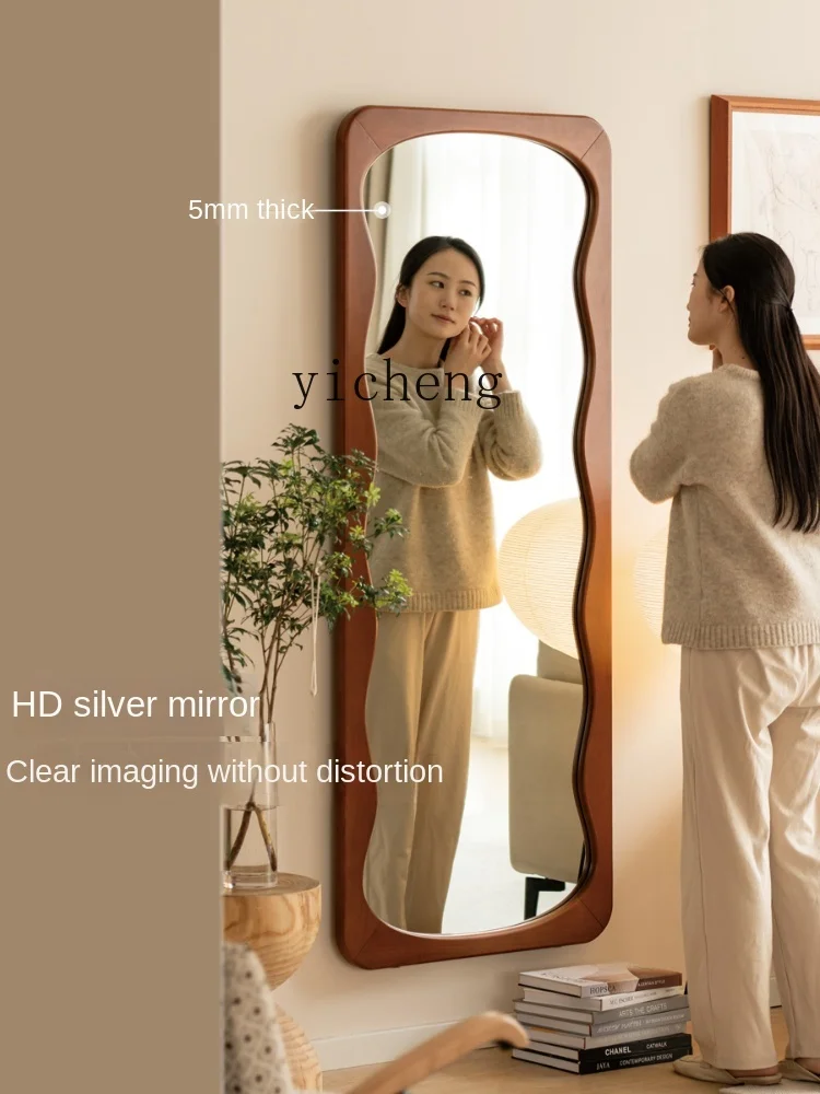 Xl Solid Wood Floor-Standing Wall-Mounted Retro Full-Length Mirror Home Full Body Wave Mirror