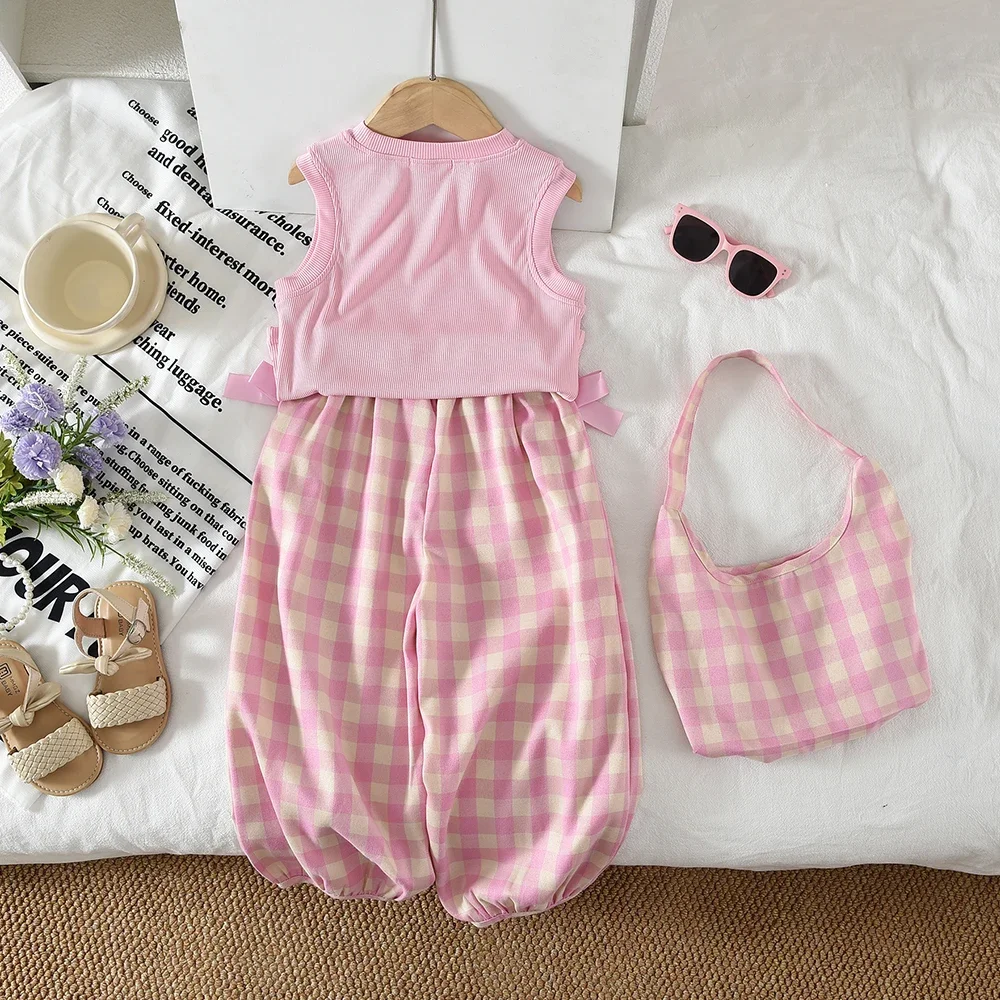 New Summer Girls Clothes Korean Style Sweet and Cute Pink Round Neck Sleeveless Top+Bow Grid Wide Leg Pants Two-piece Set