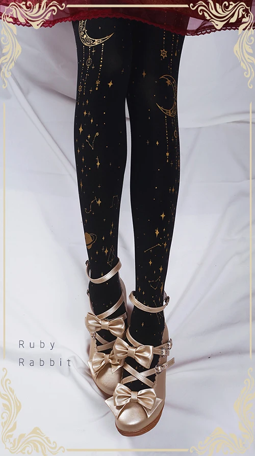 Japanese Style Lolita Printed Pantyhose Black Gold Stockings Women Slim-fit Tights Fashion Stockings Spring and Autumn