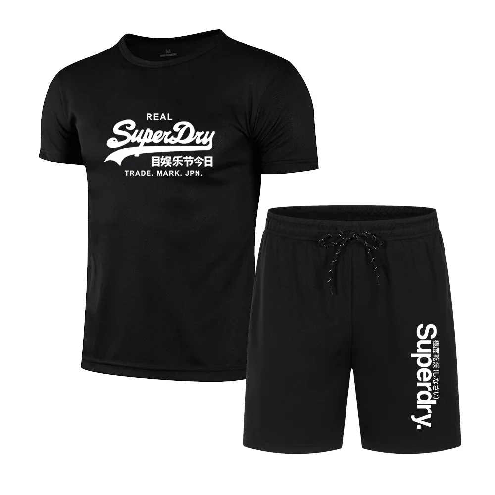 

Summer 2025 new men's breathable short-sleeved round neck T-shirt + shorts two-piece outdoor running quick-drying sweatshirt