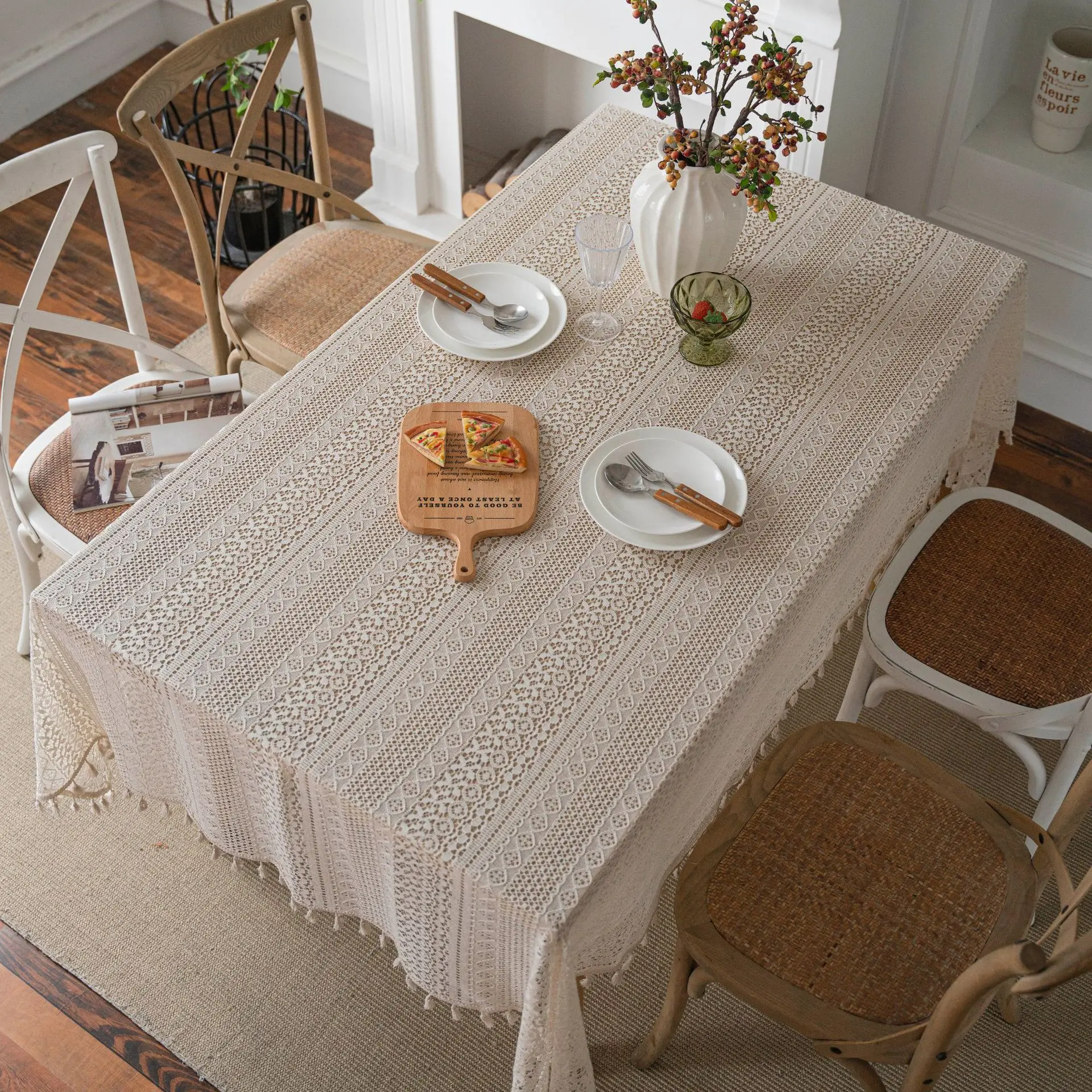 Beige Polyester Cotton Tablecloth, Monochromatic, Crochet Hollowed Out, Broom Tassels, American Rural Style, Tablecover