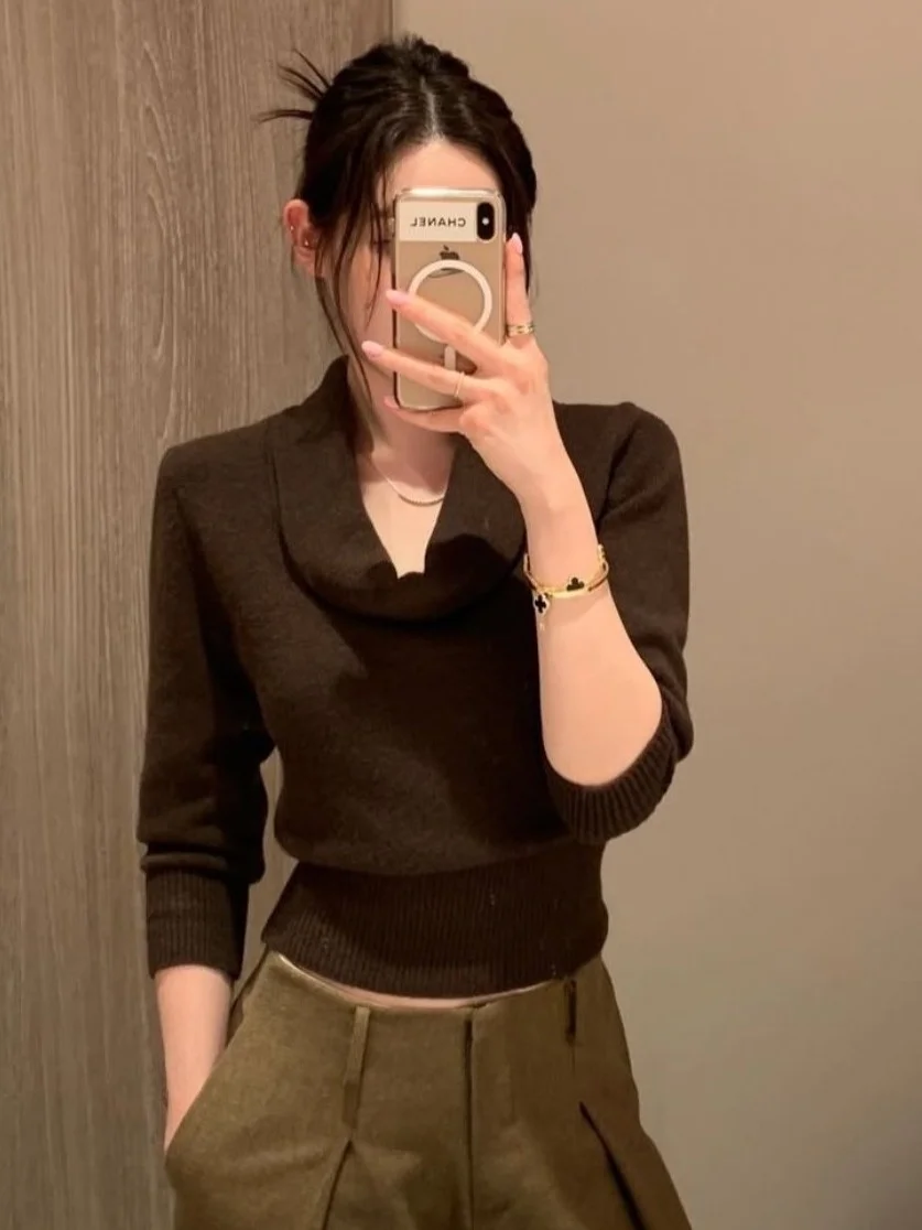 Ele suéter de punto suelto capa Base de mujer Color puro Otoño Invierno Faionable Crew Ne Casual versátil sudadera