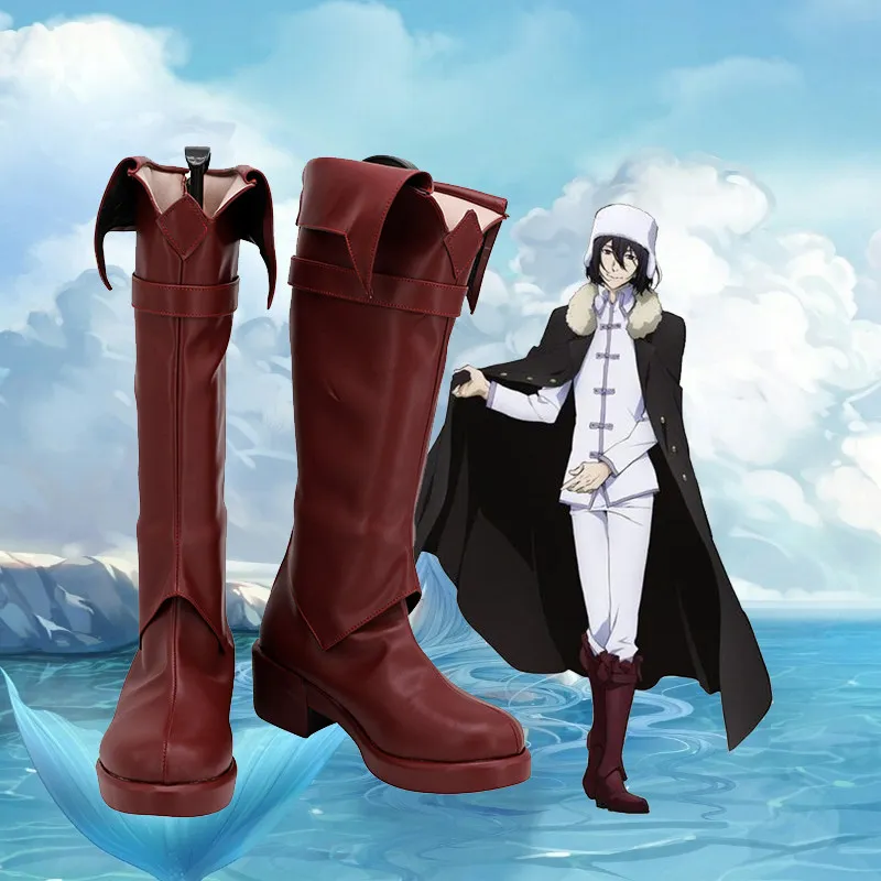 Anime Bungo Stray Dogs Fyodor D Cosplay Shoes Dark Red Medium-long PU Leather Flat Sole Boots For Halloween Carnival