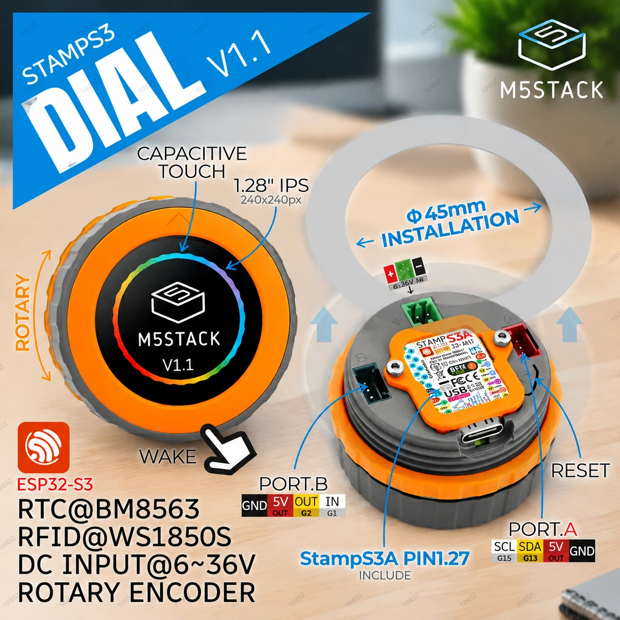 M5Stack Dial v1.1 ESP32-S3 Smart Rotary Controller 1.28 Inch Touch Screen RFID IoT Development Board Arduino Kit