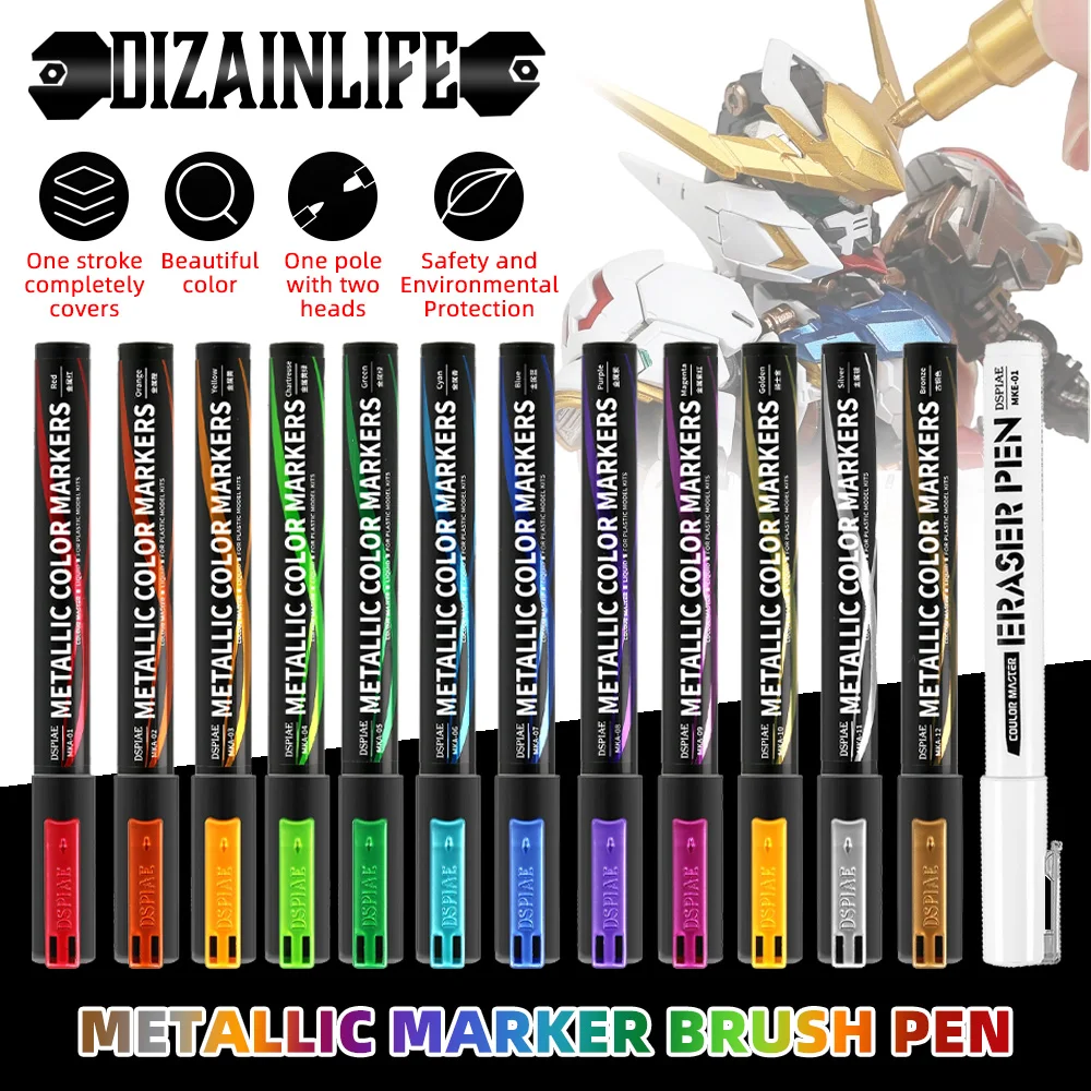 DSPIAE MKA Super Metallic Marker Brush Pen 12 Colors Water-based Soft Head for Gundam Mecha Model Making Hobby DIY Tool