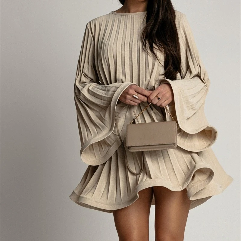 

New Spring Autumn Elegant Pleated Dress Women Fashion Solid Round Neck Flared Sleeve Lace-up Pleated Mini Dress Women 2025