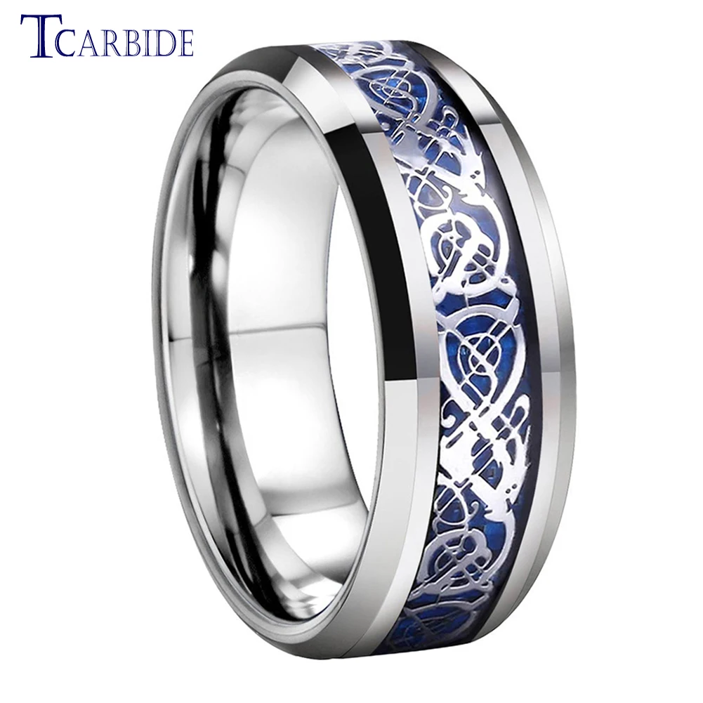 8MM Womens Mens Wedding Band Tungsten Carbide Ring With Blue Carbon Fiber And Dragon Inlay Trendy Gift Jewelry Comfort Fit