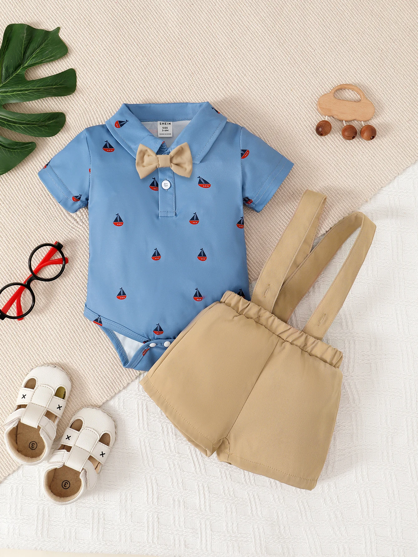 Short Sleeve Gentleman\'s Small Suit For Baby Boys Summer Lapel Blue Triangle Khaki With Shorts And Bow Handsome Two-Piece Suit