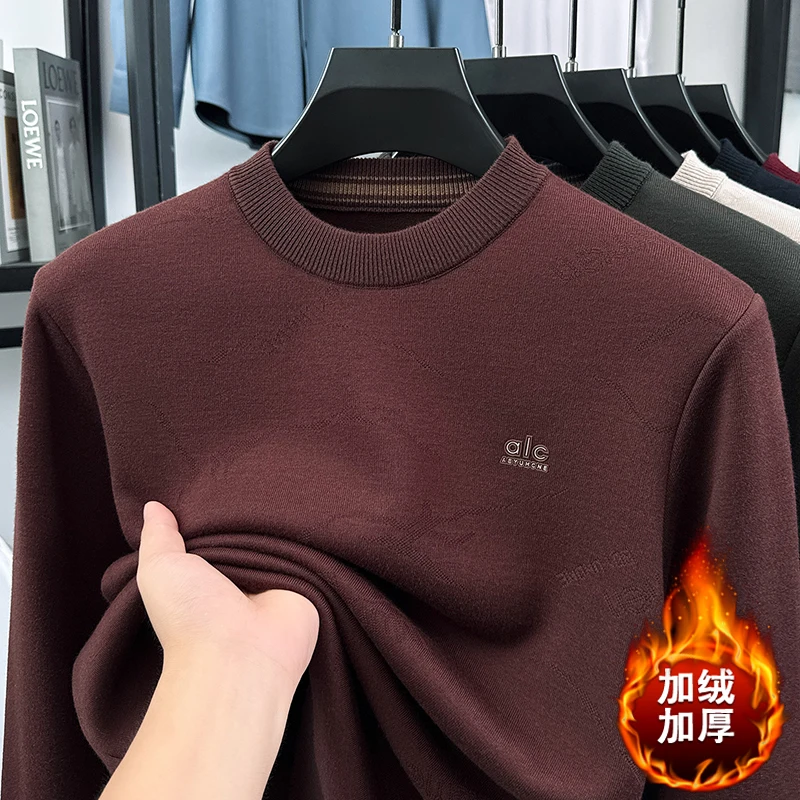 Thickened Men's Sweater with Added Fleece, Winter Round Neck Outfit, Base Coat, One-piece Fleece Warm Knit Sweater