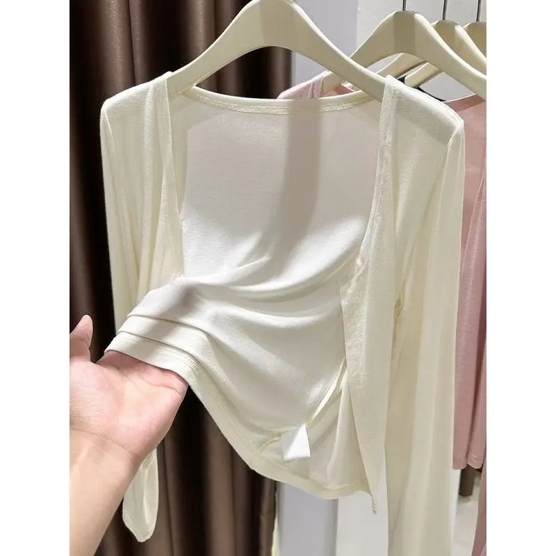 Pink Lightweight Modal Cardigan Women's Summer Thin Shawl Outerwear Strap Dress Slimming Cover up Breathable V-Neck Short Sleeve