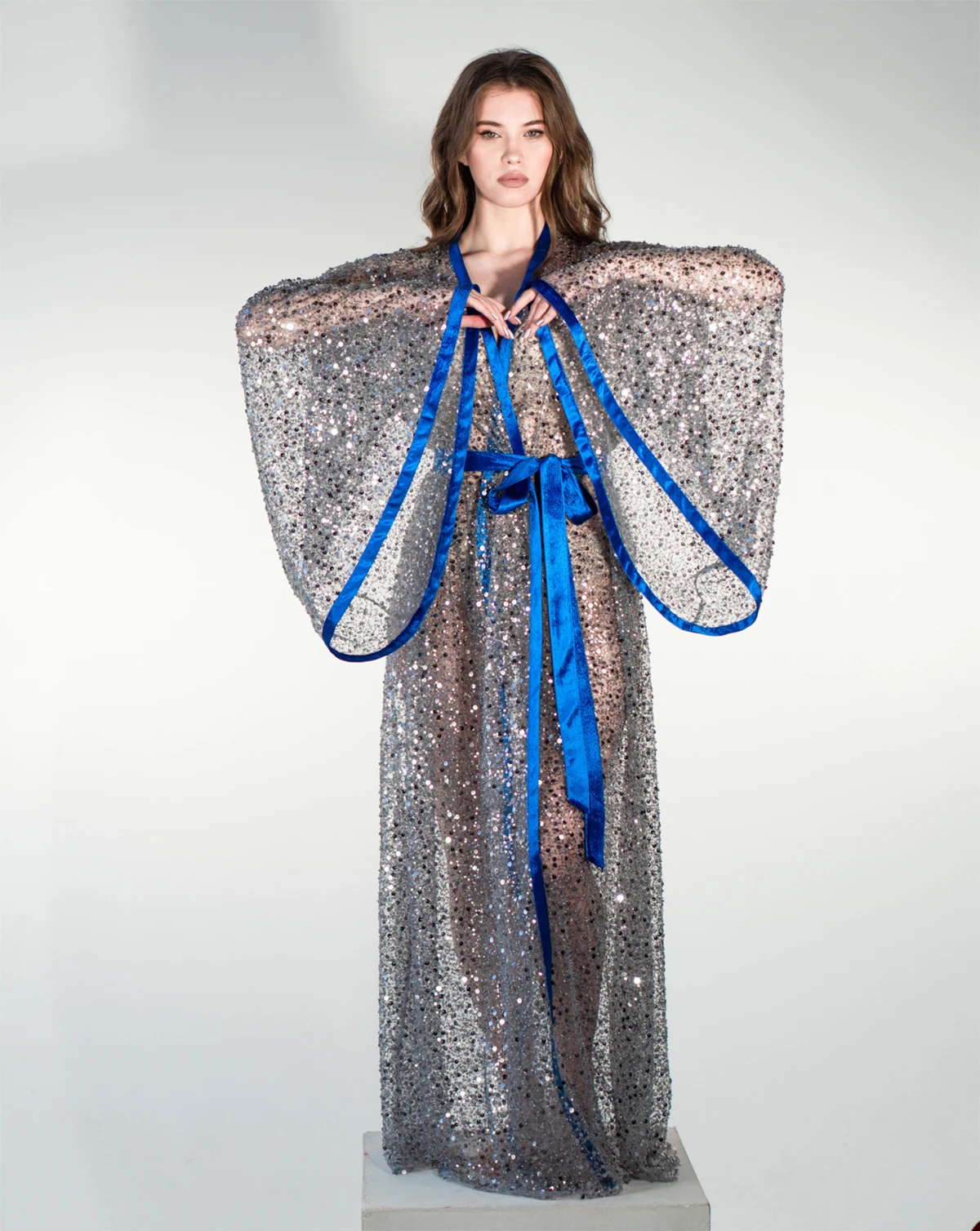 Sexy Lllusion Night-Robe Elegant Shine Sequins Women Pajamas With Pagoda Sleeve Blue Belt Housecoat Nightwear Size Customized