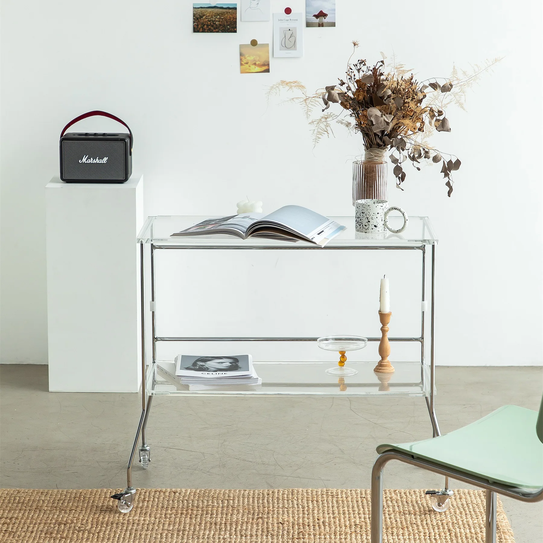 Simple modern guest coffee table, double-layer acrylic plate foldable metal frame firm with roller small table