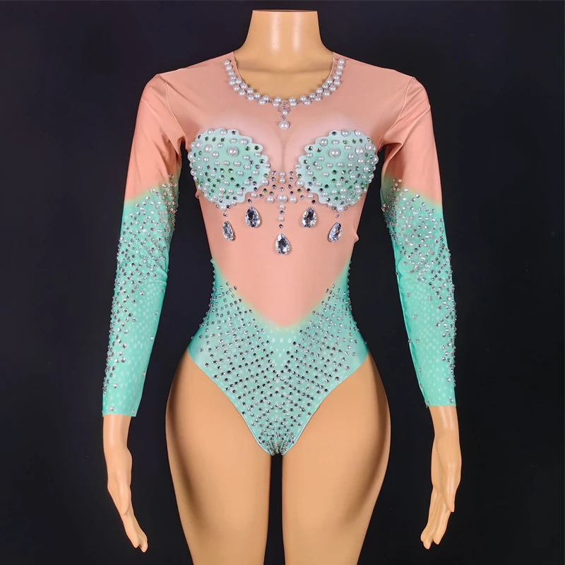 9 kleuren sexy mesh parels strass bodysuit vrouwen nachtclub halloween gogo kostuum vieren party outfits stadium slijtage xs10110