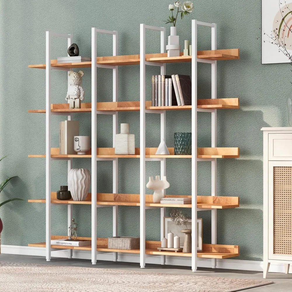 5 Tier Bookcase Home Office Open Bookshelf, Vintage Industrial Style Shelf, MDF Board, White Metal Frame, Brown