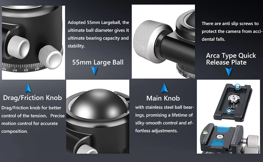 ARTCISE Testa a sfera a basso profilo, GB44S Testa per treppiede da 44 mm con piastra a sgancio rapido Arca Swiss da 1/4 per treppiede, monopiede, fotocamere, DSLR, carico massimo 30 kg