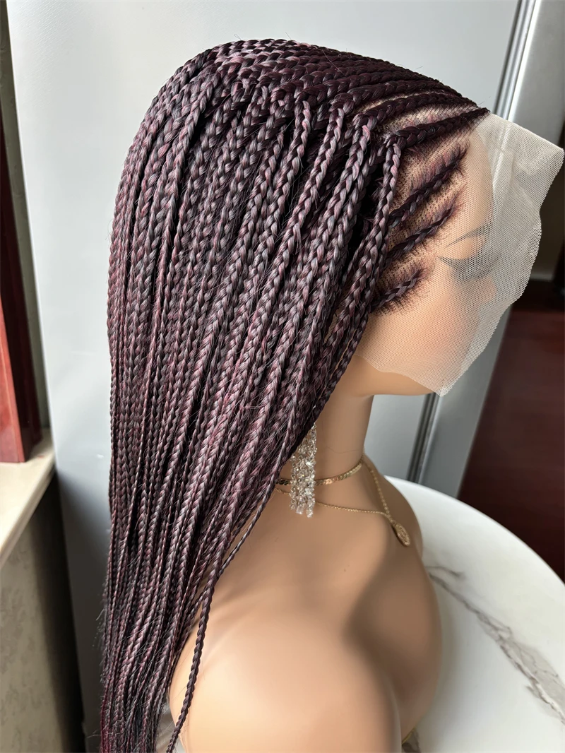 Dark 99J Synthetic Full Lace Braided Wig Crochet Braid Lace Frontal Wig Wine Color Knotless Box  Braids Wig for Black Women