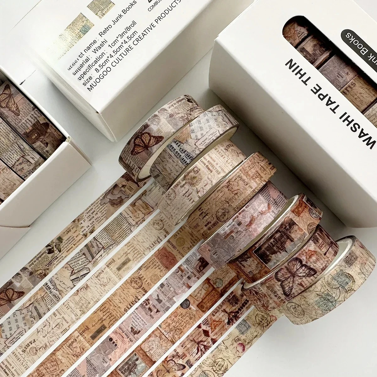 8 Rollos/set de Cinta Adhesiva Decorativa Washi con Diseño Vintage de Texto en Inglés, Flores y Paisajes, Material para Collage, Papelería Creativa para DIY y Diario