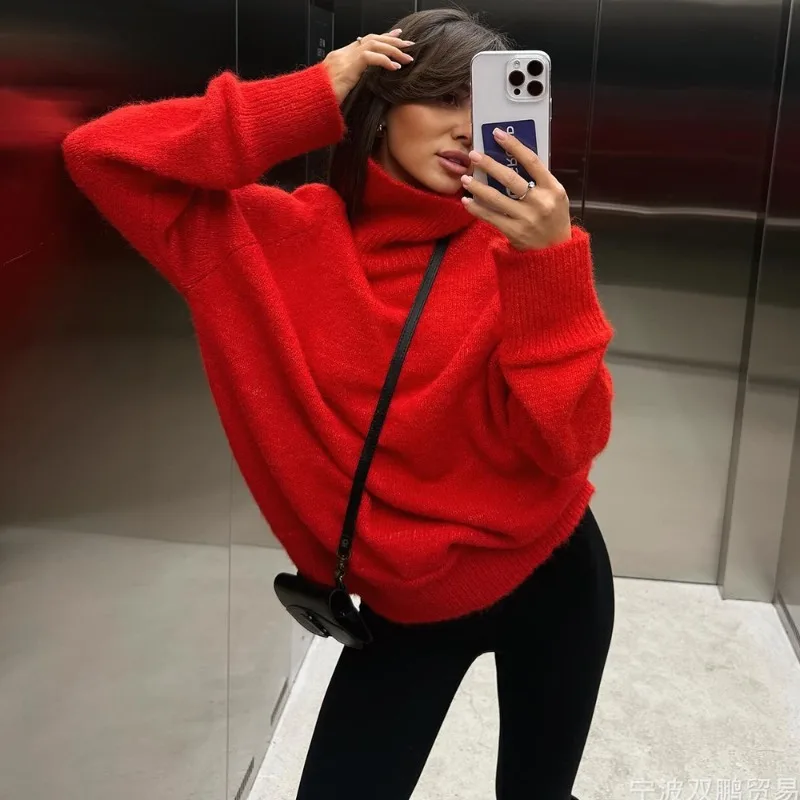 

Tuularose Pink High-Neck Sweater Women Autumn Solid Fleece Patchwork Oversized Pullover Fashion New Commuter Chic Female Jumpers
