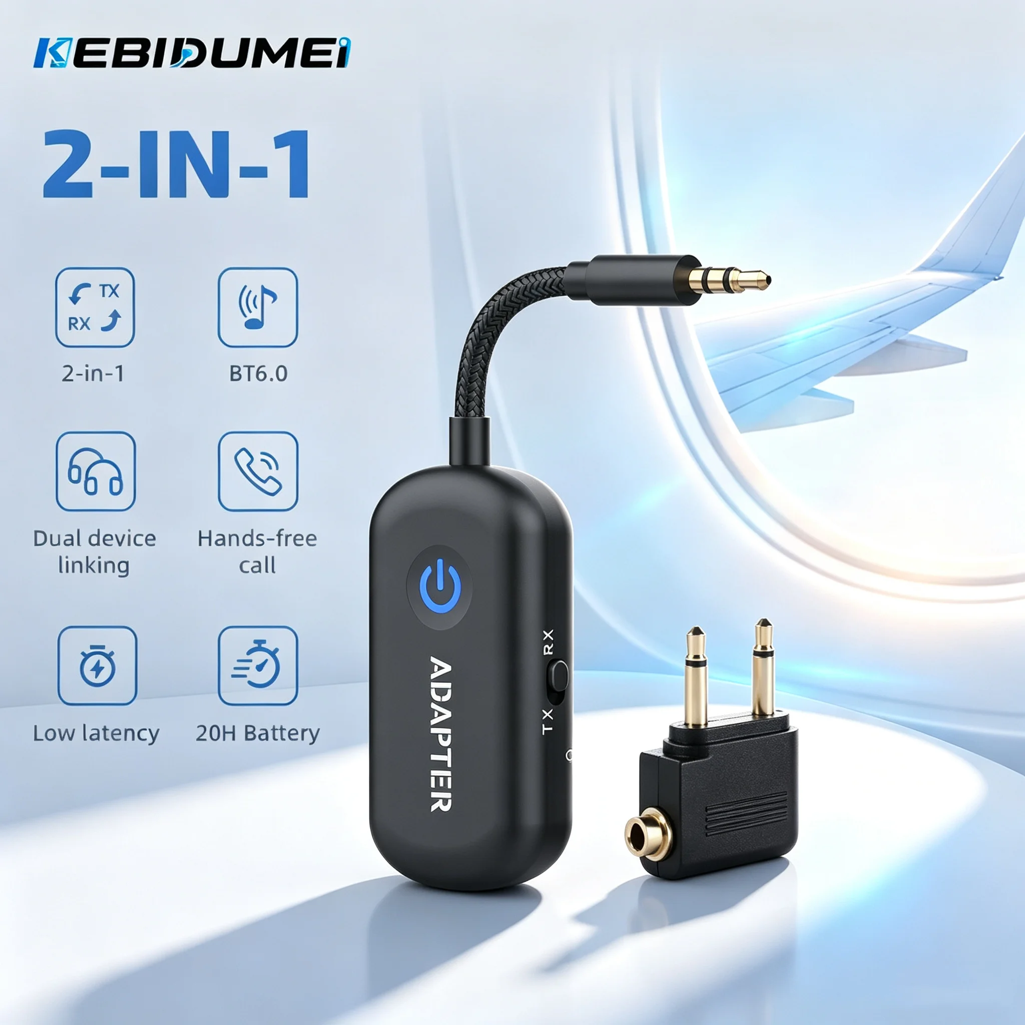 KEBIDUMEI Bluetooth 6.0 Audio-Empfänger-Sender RT/TX 2-in-1-Adapter 3,5mm AUX Bluetooth-Dongle für Kopfhörer, TV, Autos, Flugzeuge