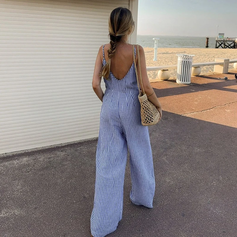 Biikpiik Casual Gestreepte Jumpsuits Vakantie Backless Vrouwen Rompertjes Loungewear Slim Fit Overalls Strandstijl Zomeroutfit