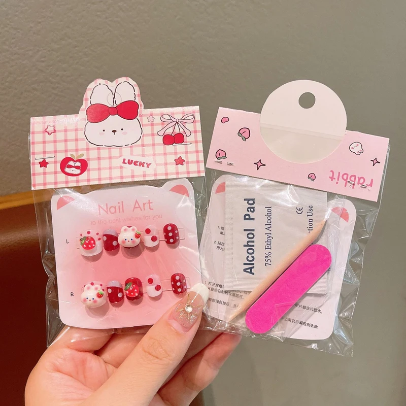 10Pcs Children's Cute Cartoon Rubbit and Strawberry Press on Nails Baby Fake Nails Girls Nail Tips with Toolkit image 6