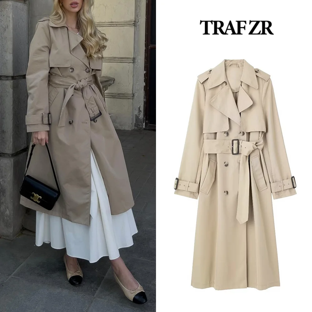 

TRAF ZR Women Long Trench Coat with Epaulettes Vintage Double Breasted Buttons Streetwear Mujer Coat with Adjustable Tonal Belt