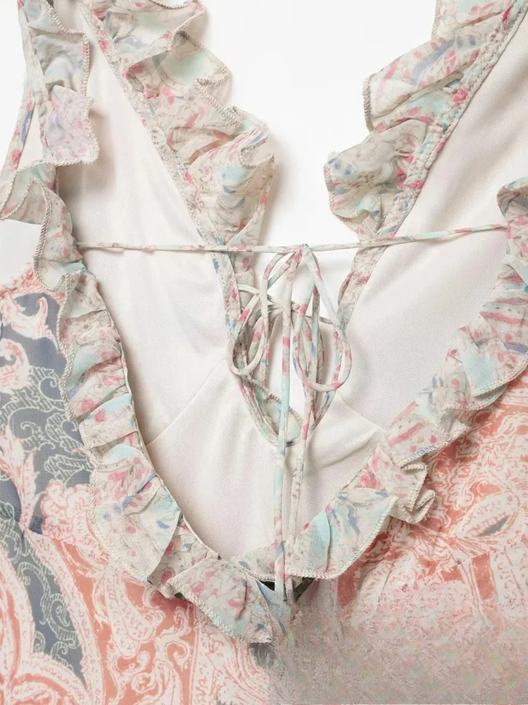 KONDALA Sexy Chic Women Dress Print Cami Sleeveless Backless Long Straight Vestidos New Fashion 2025 Summer Ruffles Female Dress